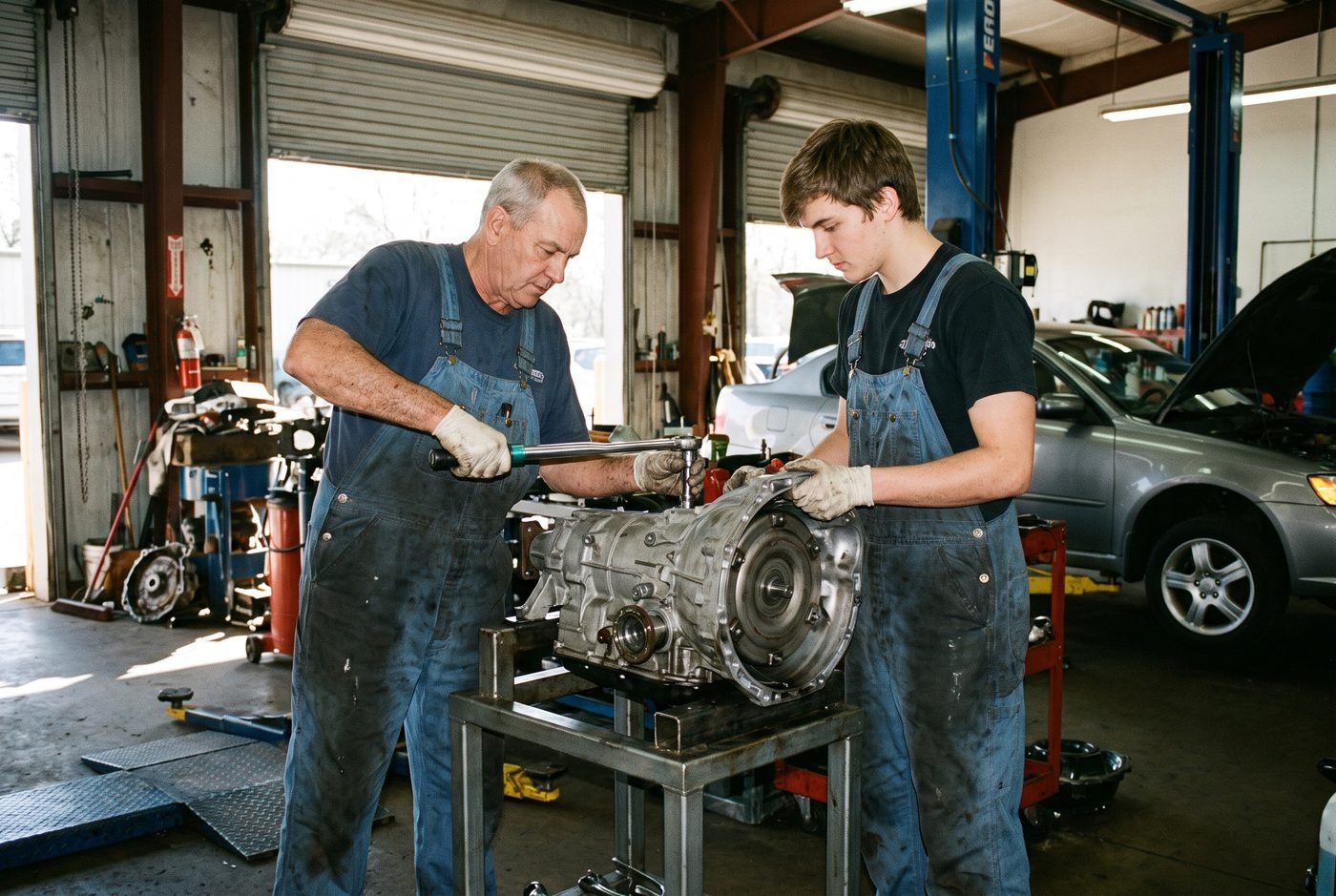 Jack Wen Transmission mechanics working on a transmission